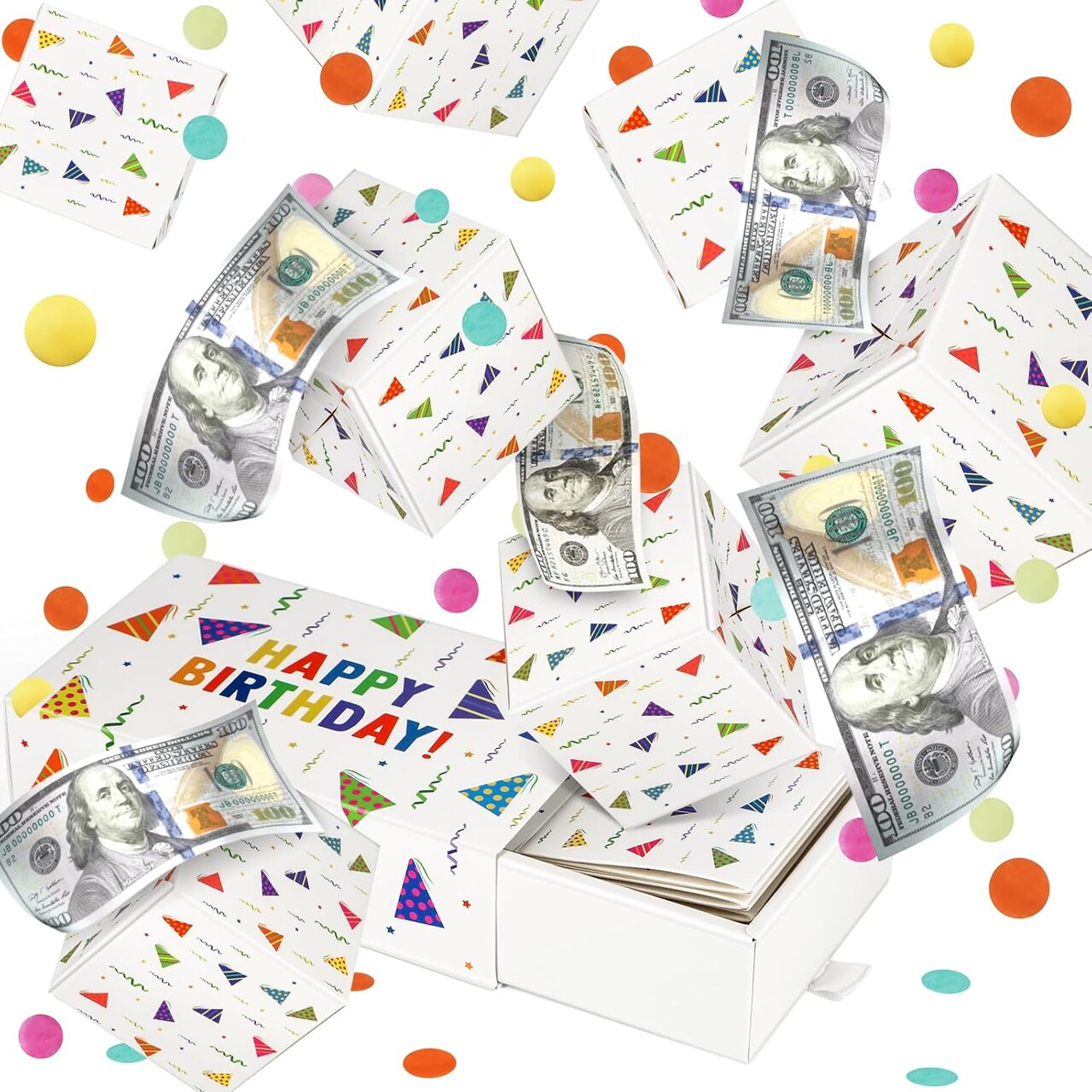 Happy Birthday Surprise Gift Box Explosion for Money - DIY Pop Out Folding Bounce Explosion Gift Box with Confetti - Birthday Money Bank - Cash Gift Idea for Women Men Kids (White)